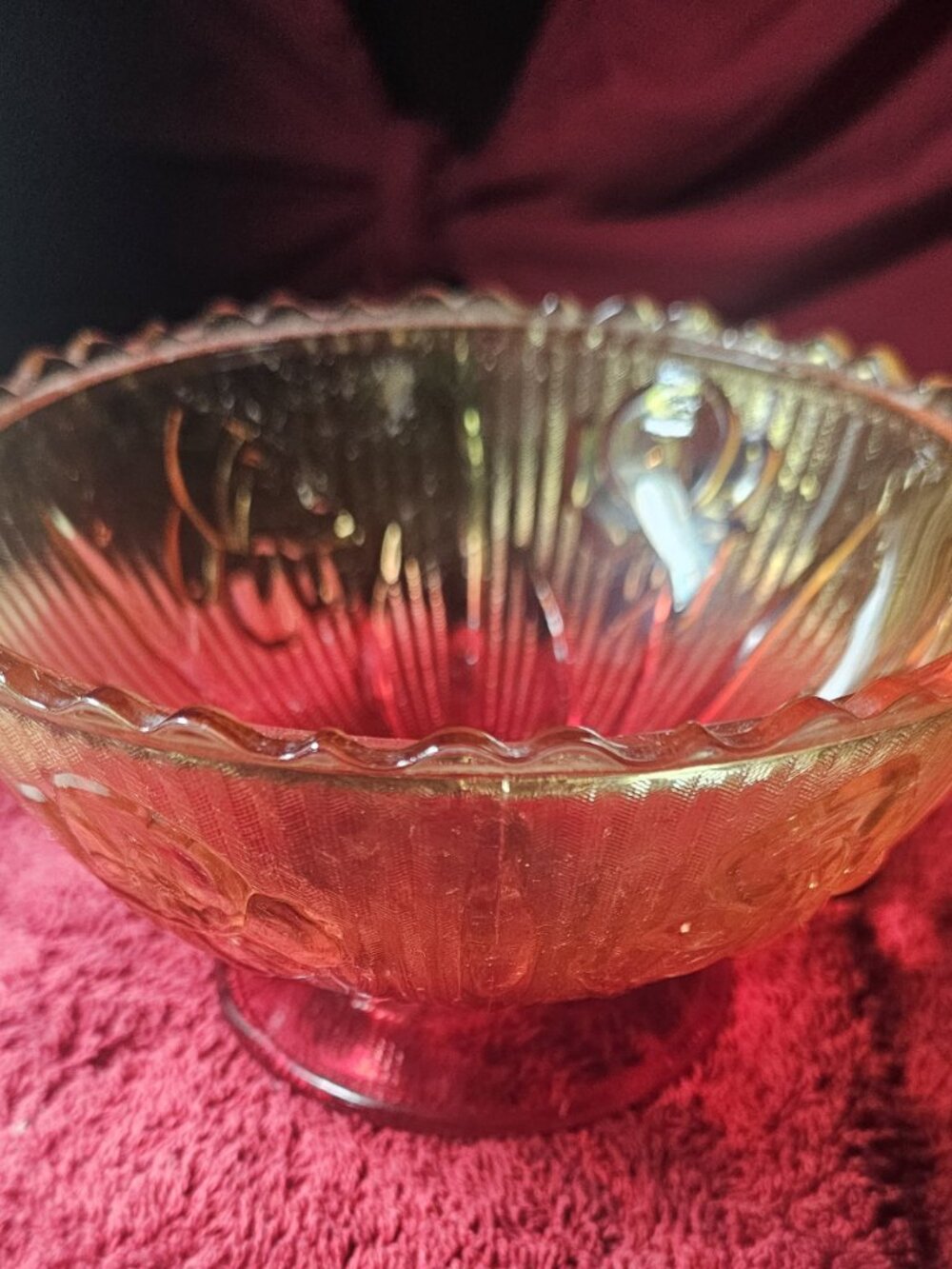Jeanette Amberina Pressed Red Yellow Iris Floral Glass Bowl w/Handles